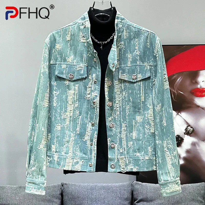 PFHQ High Street Men's Denim Jackets Tide Washed Matte Personalized Perforated Short Coat Summer Wearproof Male Coat New 21Z4470