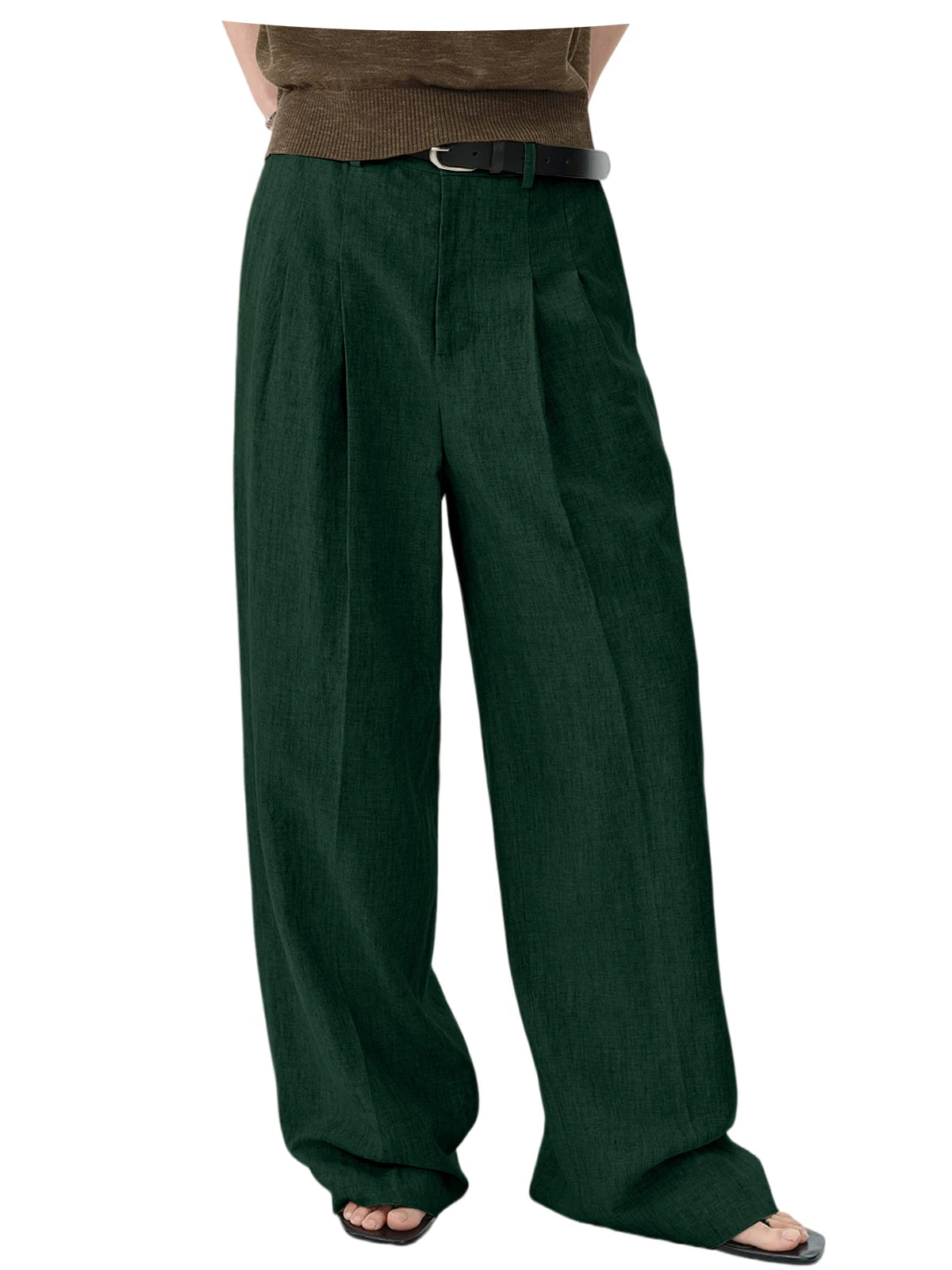 Men Linen Wide Leg Pants High Waist Pleated Casual Trousers Breathable Loose Straight Suit Pants Streetwear