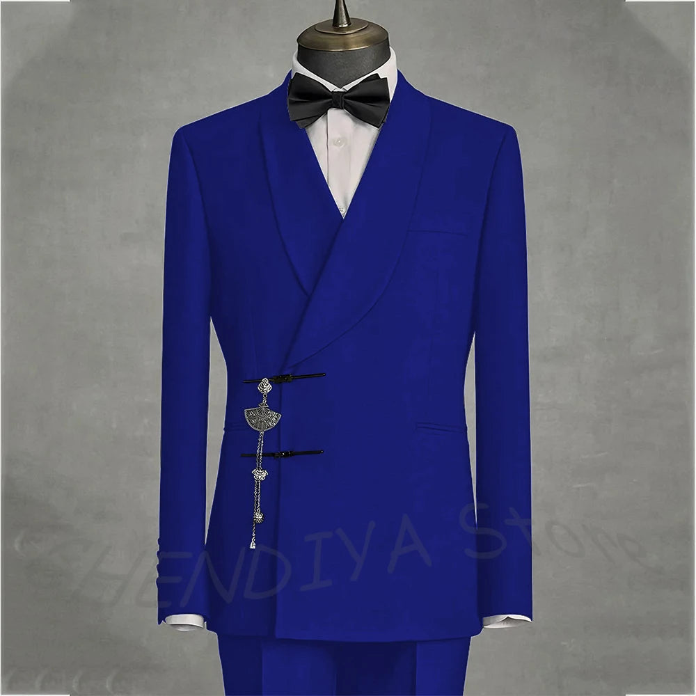 Solid Black Men's Suits Slim Fit Double Button Business Pants Suit Tailored Prom Party Wedding 2 Piece Jacket With Pants