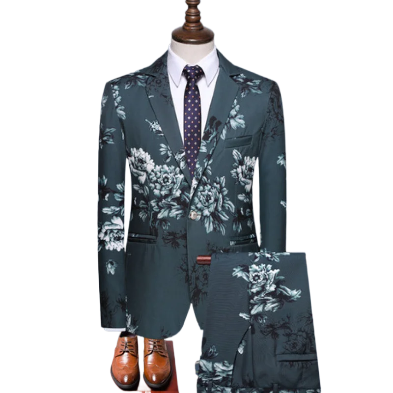 Moda casual masculina versátil Floral Business Terno Nightclub Desempenho de barra de traje Host Host's Men's Set de duas peças Conjunto