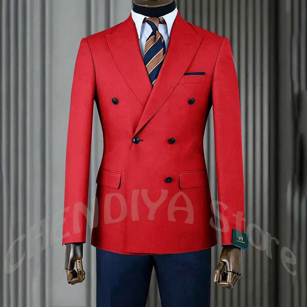 Stylish Men Suits Contrast Color Formal Blazer Male Clothing Double Breasted Business Casual Party Prom Jacket Pants Navy Blue