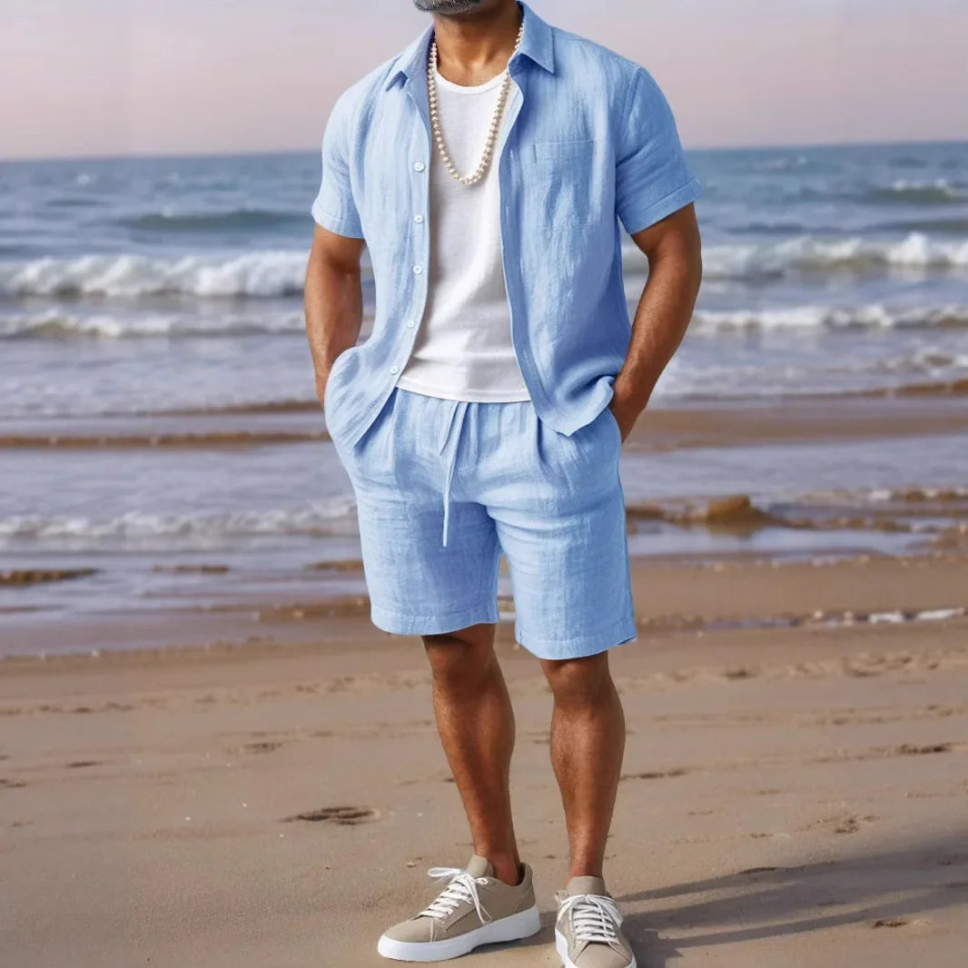Casual Linen Shirt And Outdoor Beach Pants Set for Men Button down Collar Loose Fit Solid Color Cross-Border Outfit