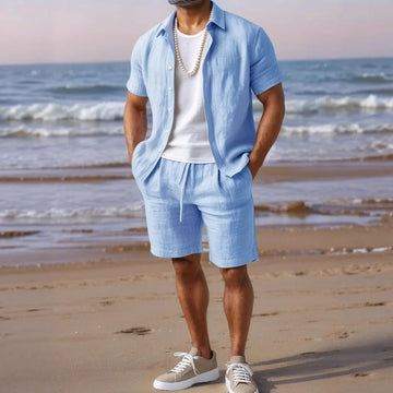 Casual Linen Shirt And Outdoor Beach Pants Set for Men Button down Collar Loose Fit Solid Color Cross-Border Outfit