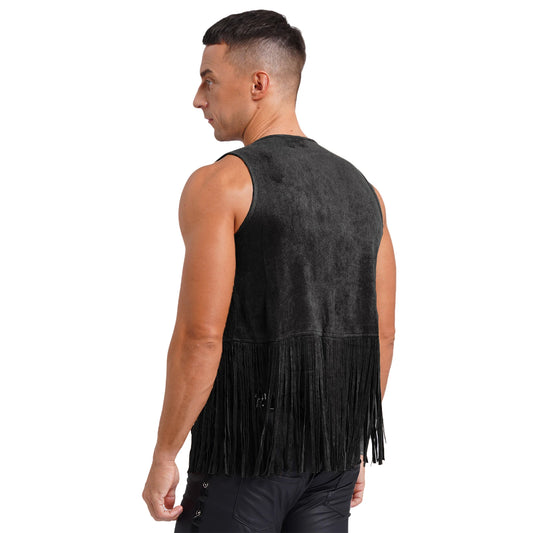 Mens Faux Suede Tassel Vest Western Cowboy Vest Fashion Rivets Fringe Waistcoat Open Front Sleeveless Jacket