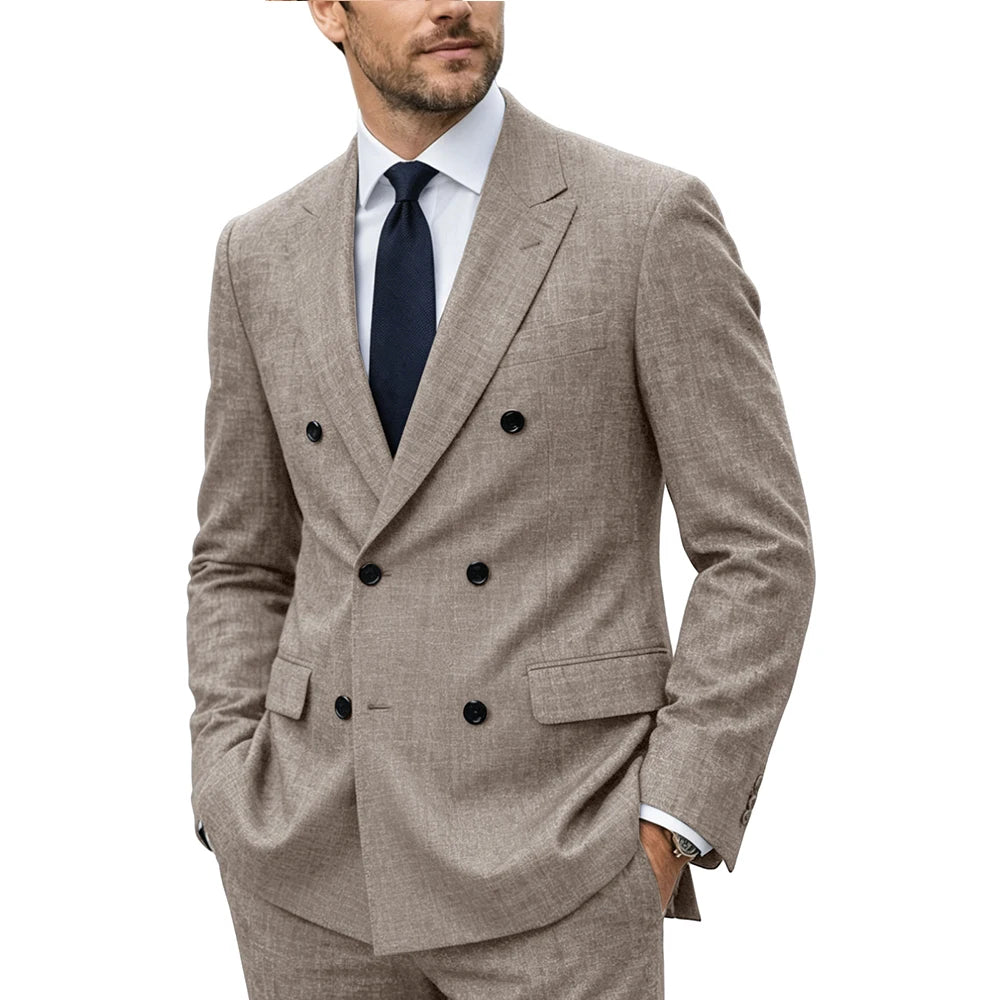 Men's Linen Suit Set  Double Breasted Slim Fit Peak Lapel Formal Blazer Pants Breathable Business Wedding Groom Tuxedo