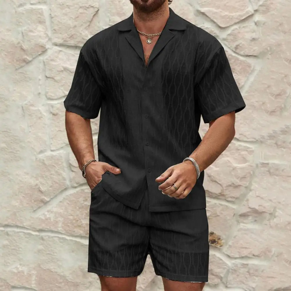 Spring/Summer Suit Solid Color Breathable Men Outfit Short Sleeve Shirt And Shorts Stretch Beach Casual Suit Men Clothing Set