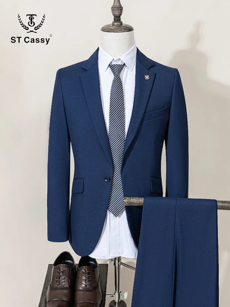 ST Cassy High Quality Men's Suit Slim Fit Solid Color Suit Formal Business Office Single Breasted Coat Pants 2 Pieces Set