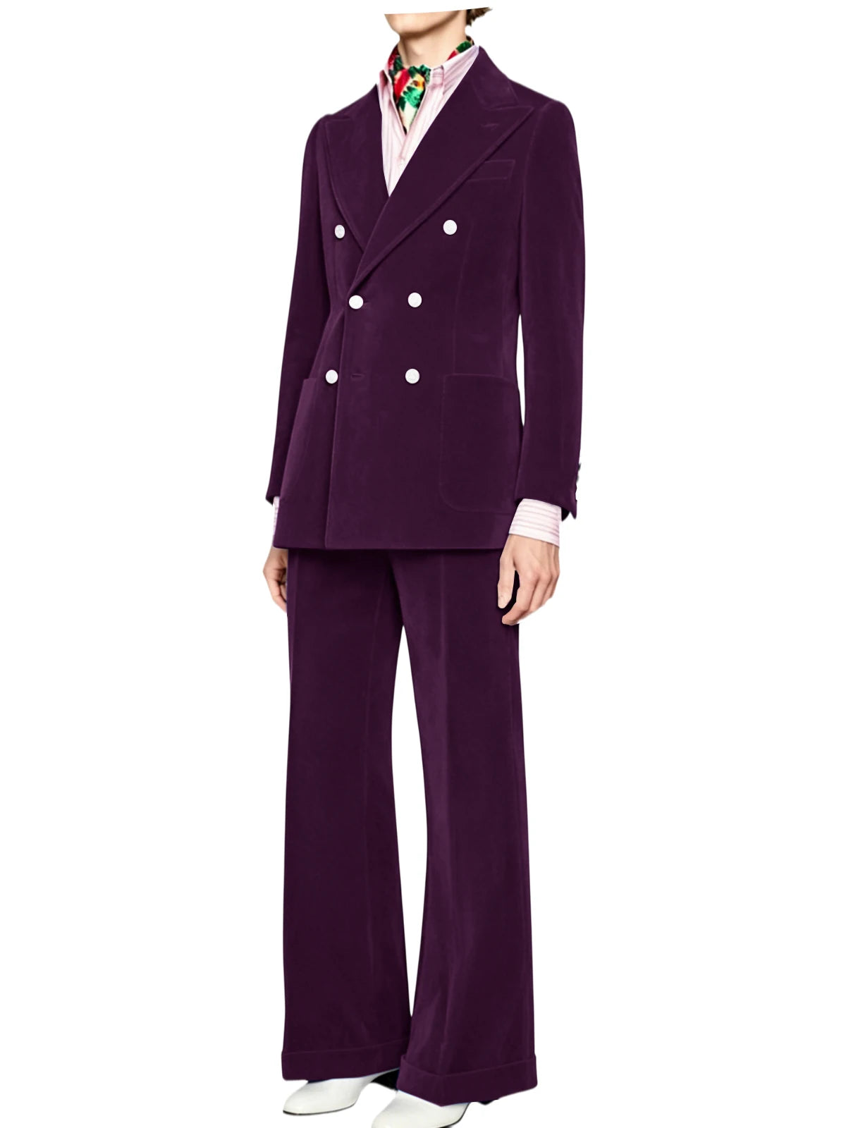 Men's Velvet Double Breasted 2 Piece Suit Set Slim Fit Peak Lapel Formal Straight Leg Pants Suit For Party Wedding Daily Wear