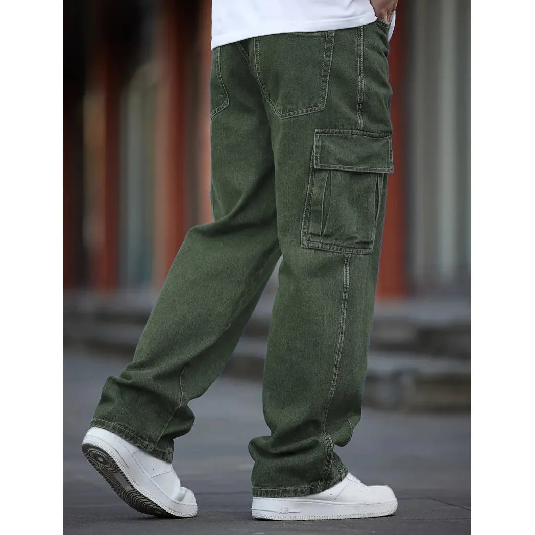 Men Multi Cargo Pocket Jeans Vintage Loose Wide Leg Straight Denim Pants Streetwear Hip Hop Workwear Trousers