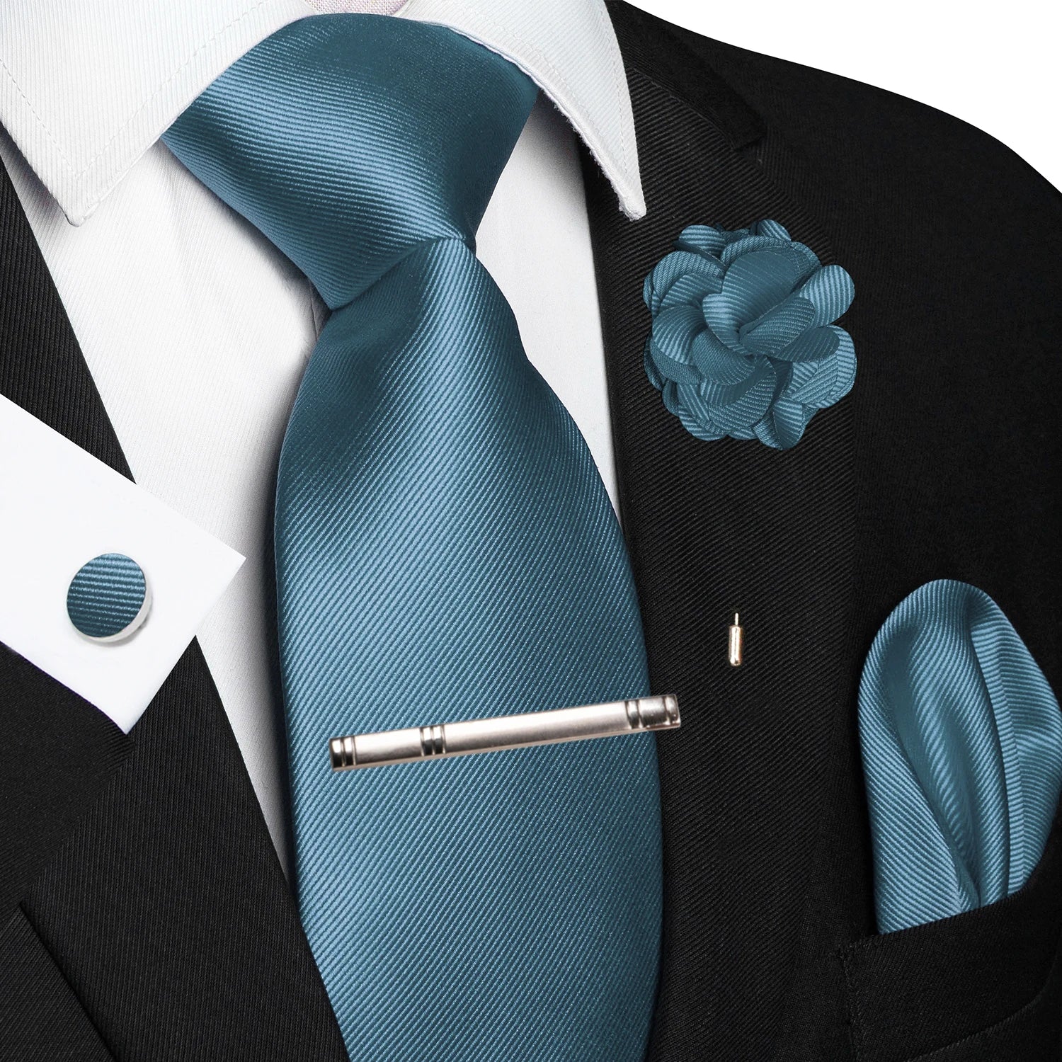 JEMYGINS Blue Solid Wedding Tie For Men Handky Cufflink Brooch Gift Mens Elegant Necktie Fashion Business Party Dropshiping