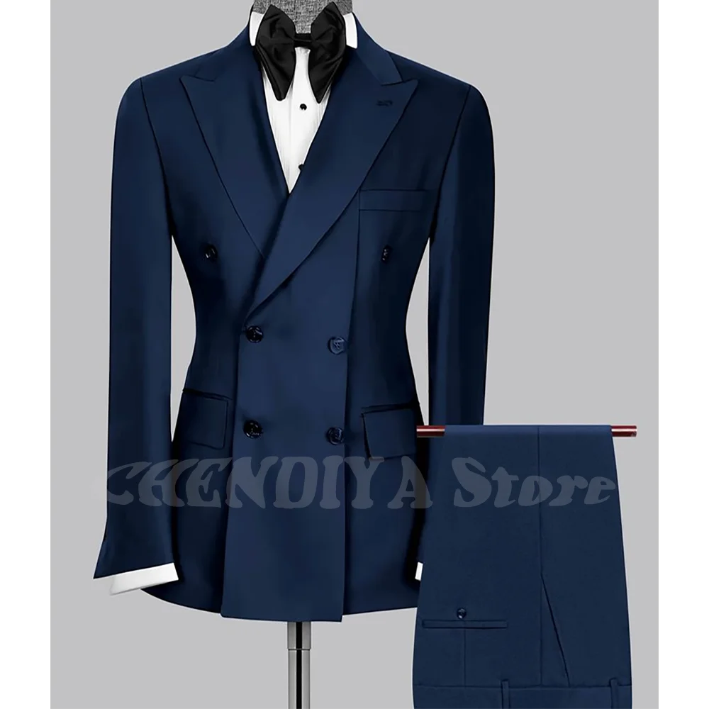 Peaked Lapel Slim Men's Suit High Quality Outfit Blazer Set Double Breasted Pleat Business Casual Formal Wedding Clothes