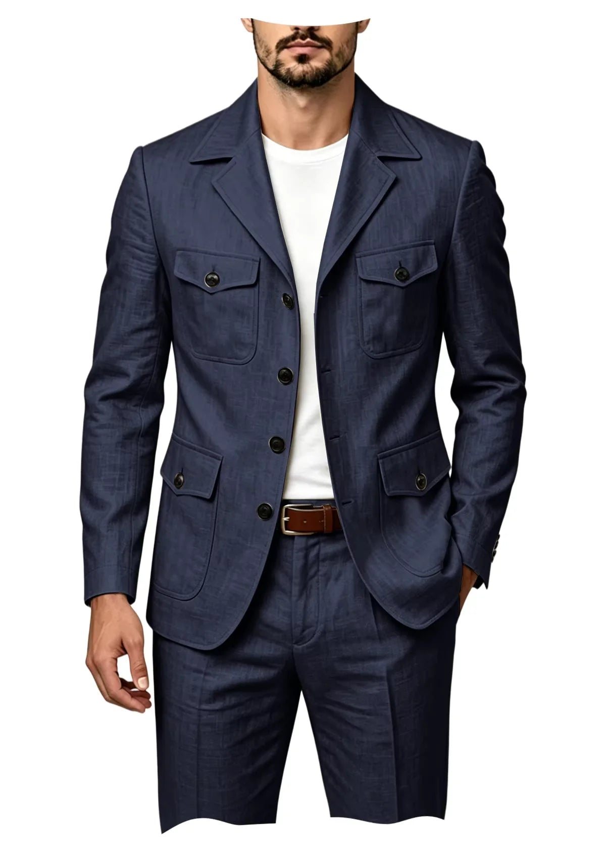 Men's Grey Linen Blend Suit 2 Piece Multi Pocket Peak Lapel Blazer pants Set Lightweight formal Suit for Summer Business Casual