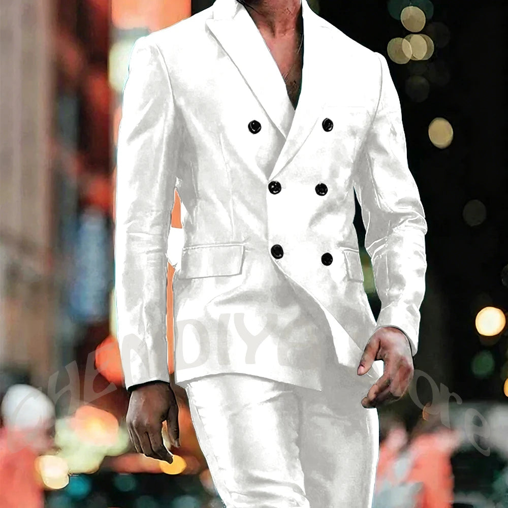 Elegant Satin Men Suit 2 Pieces Peaked Lapel Handsome Tailor-Made Custom Man Fashion Clothes Set Smart Casual Jacket Pants