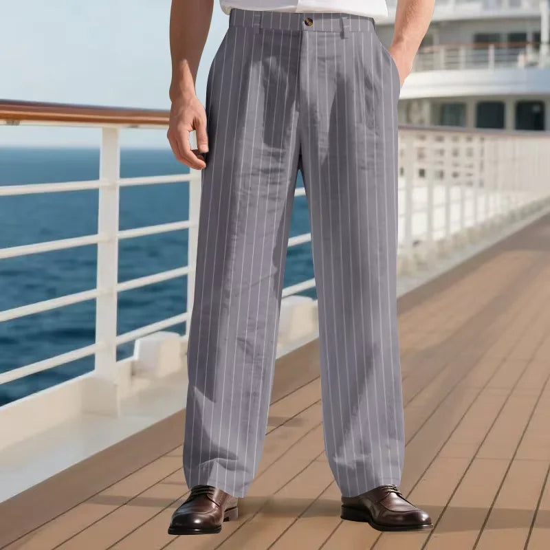 Men's Pinstripe Linen Pants Solid Color Loose Fit Half Elastic Waist Straight Leg Trousers Breathable Soft  For Summer Beach