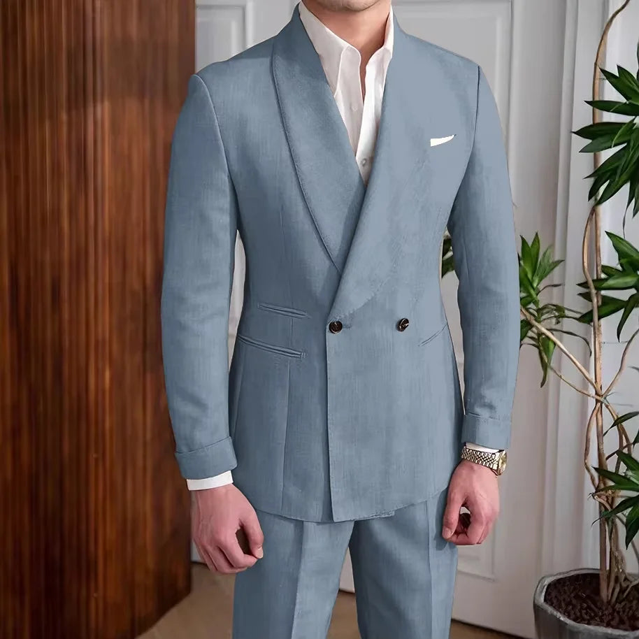 Men's Linen Suit 2-Piece Khaki Shawl Collar Double-Breasted Slim Fit Breathable Jacket and Pants Formal Set for Summer Business