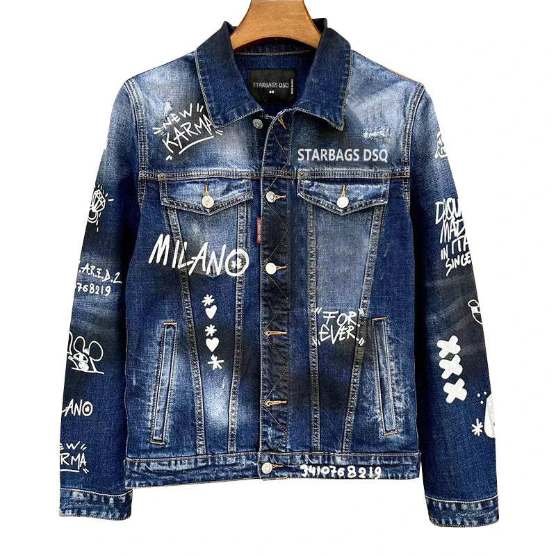 Men's denim jacket Italian 100 chareiha dsq 1918 men's denim shirt text graffiti splicing street punk fashion denim trend