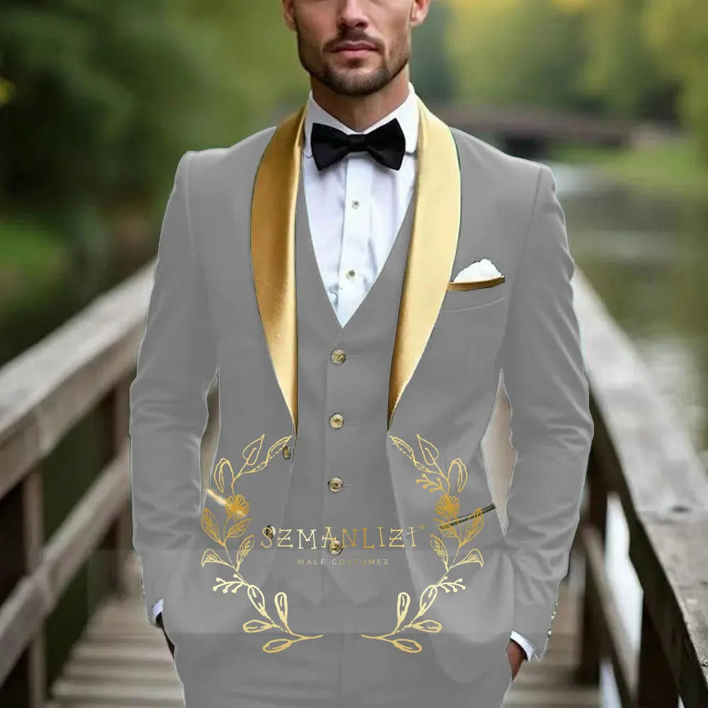 Oil Green Men Suit Business Tuxedo Formal Gold Satin Lapel Groom Groomsman Wedding Party Prom Male 3 Piece Set Blazer Vest Pants