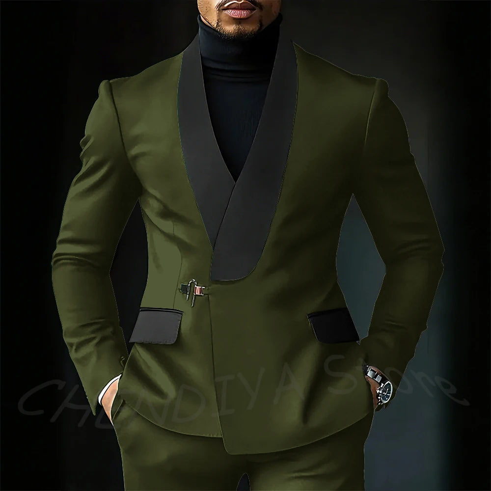 Contrast Color Men's Suit Set 2 Piece Elegant Shawl Lapel Slim Fit Formal Outfit Business Casual Jacket Pants Customized