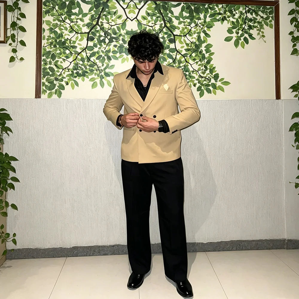 Classic Khaki Jacket Black Pants 2 Pieces Set Elegant Groom Wedding Tuxedos Peak Lapel Double Breasted Casual Male Outfits