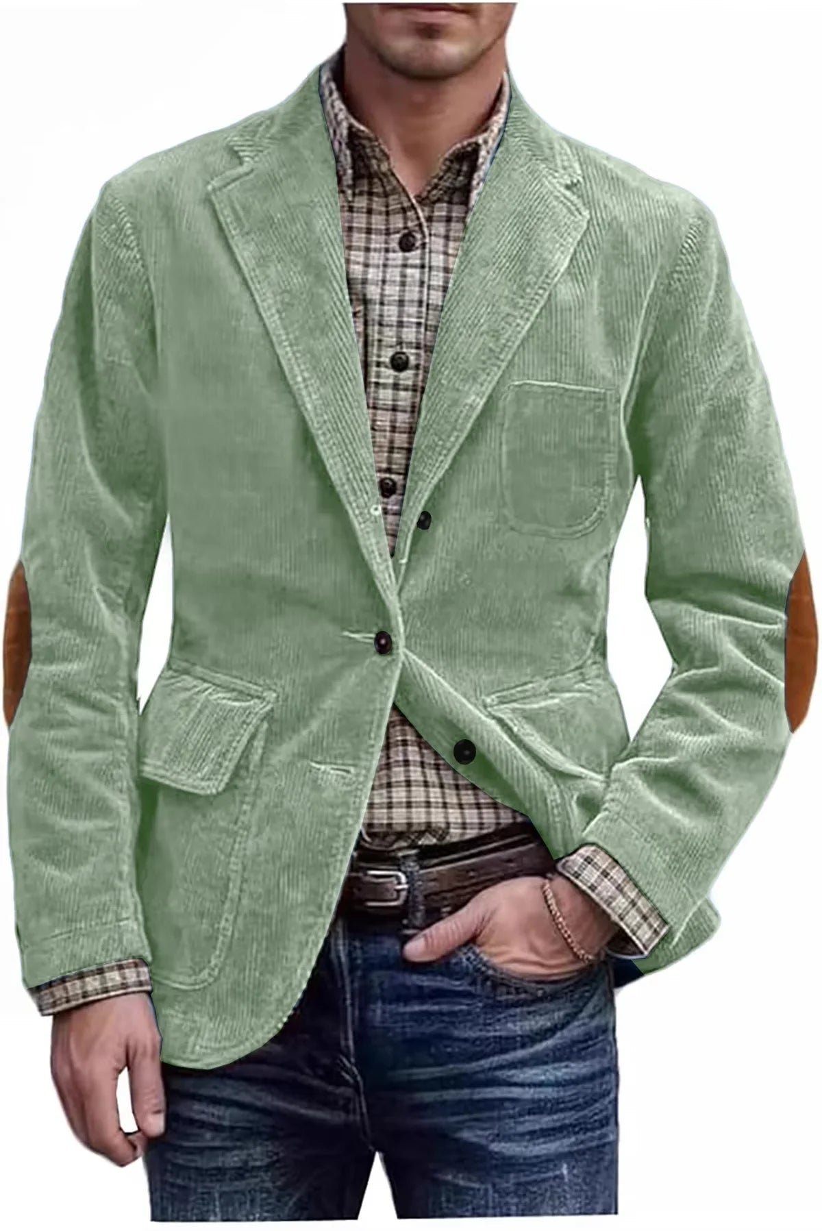 Men's Hunting Corduroy Blazer with Elbow Patches Vintage Tan Notched Lapel Casual Jacket British Slim Fit Daily Work Suit Coat