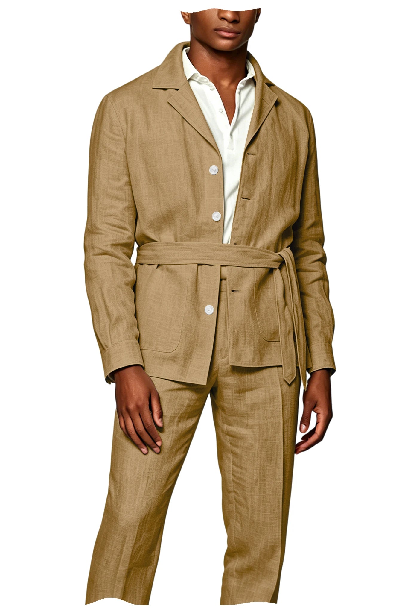 Men's Linen Belted Suit 2 Piece Set Casual Breathable Blazer & Pants Summer Lightweight Business Casual Outfit for Wedding Beach
