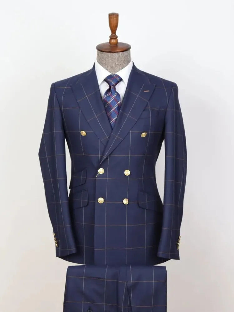 Gentle New Arrival Men Suit Tailor-Made 2 Pieces Plaid Gold Buttons Blazer Pants Double Breasted Wedding Groom Prom Tailored