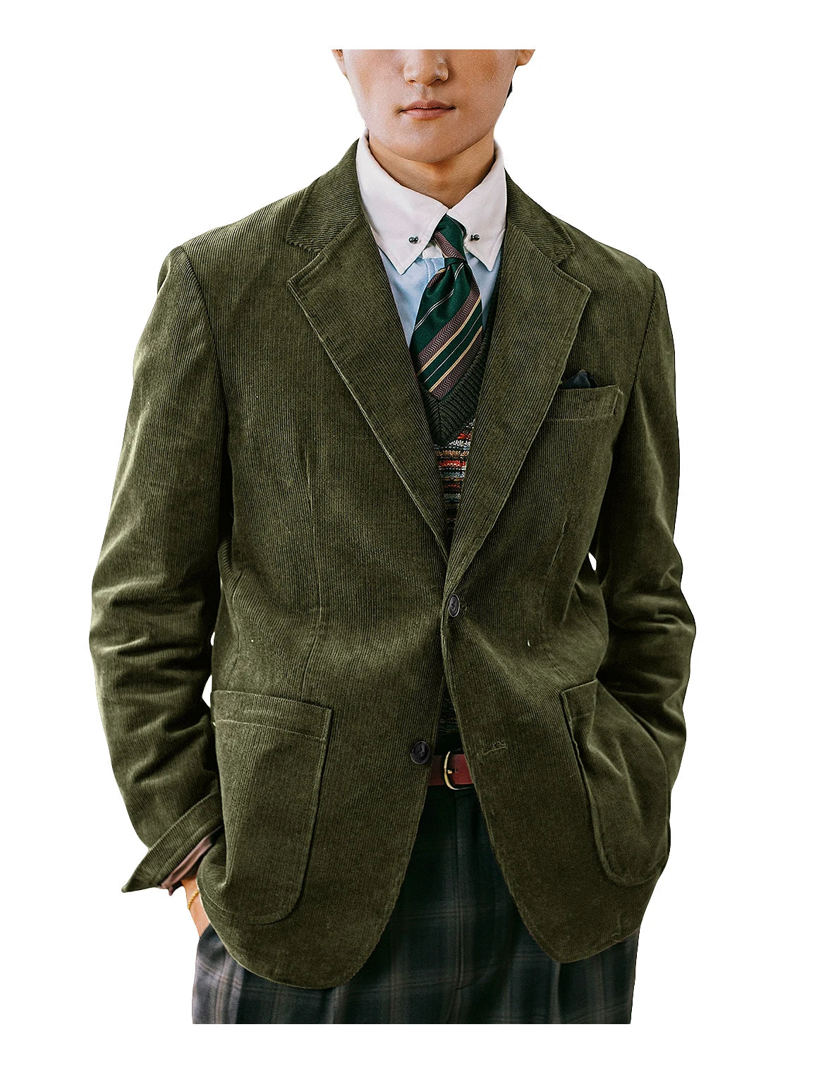 Men's Corduroy Blazer British Style Notched Lapel Casual Slim Fit Suit Jacket For Business Wedding Daily Wear Party