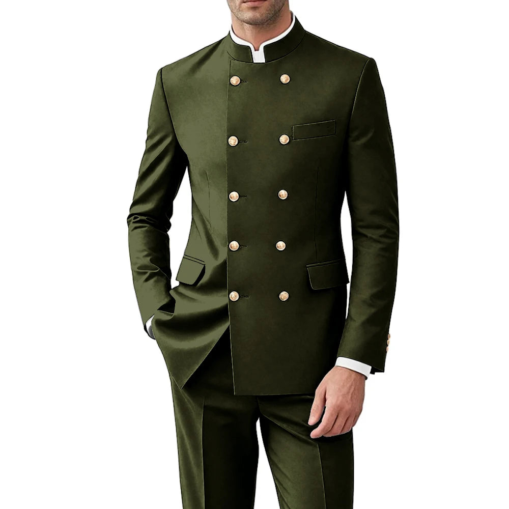 Solid Color Men Suits Formal 2 Pieces Double Breasted Stand Collar Balzer Pants Formal Party Business Wedding Set Customized