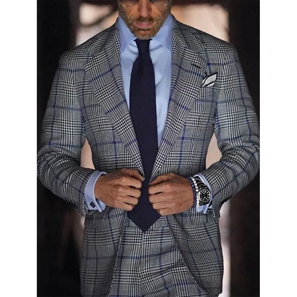 New Design Plaid Men Suits High Quality Slim Fit Notched Lapel Formal Business Male Outfit Two Pieces Wedding Set Jacket Pants