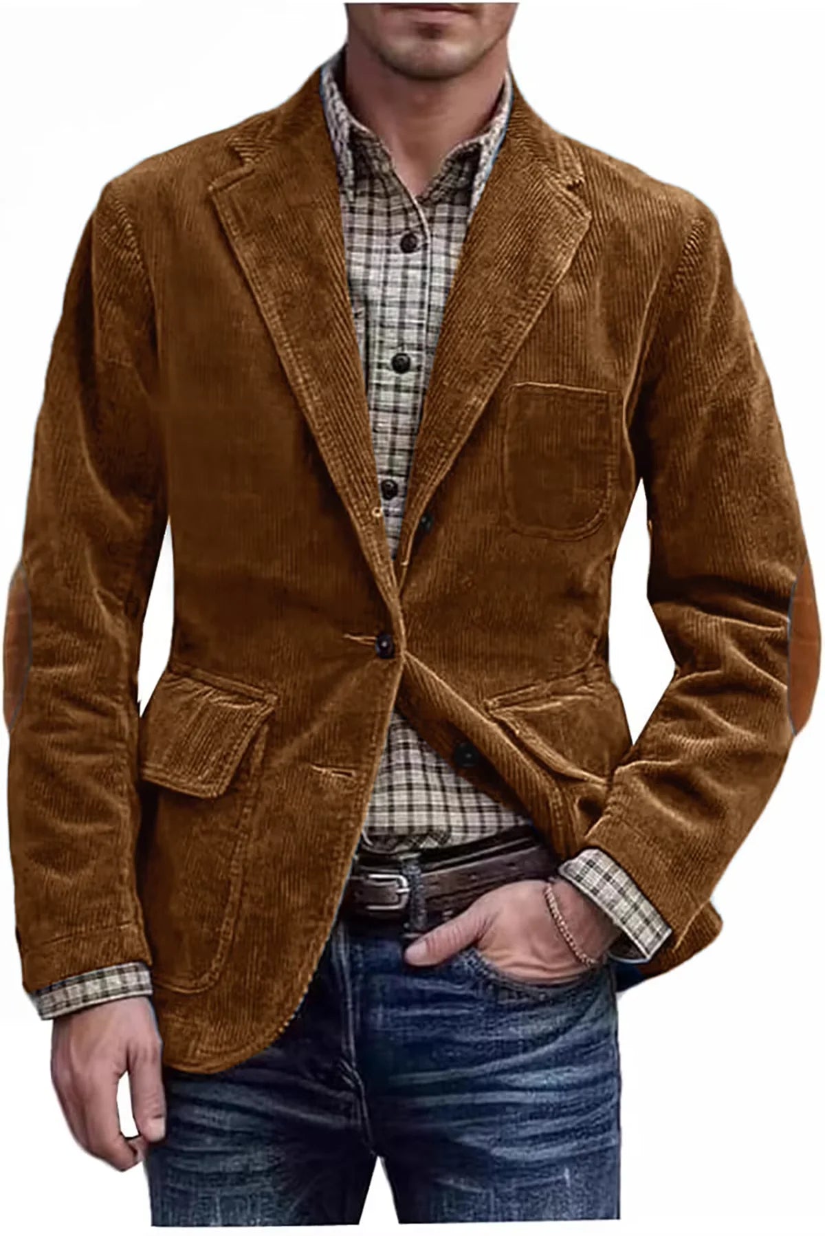 Men's Hunting Corduroy Blazer with Elbow Patches Vintage Tan Notched Lapel Casual Jacket British Slim Fit Daily Work Suit Coat