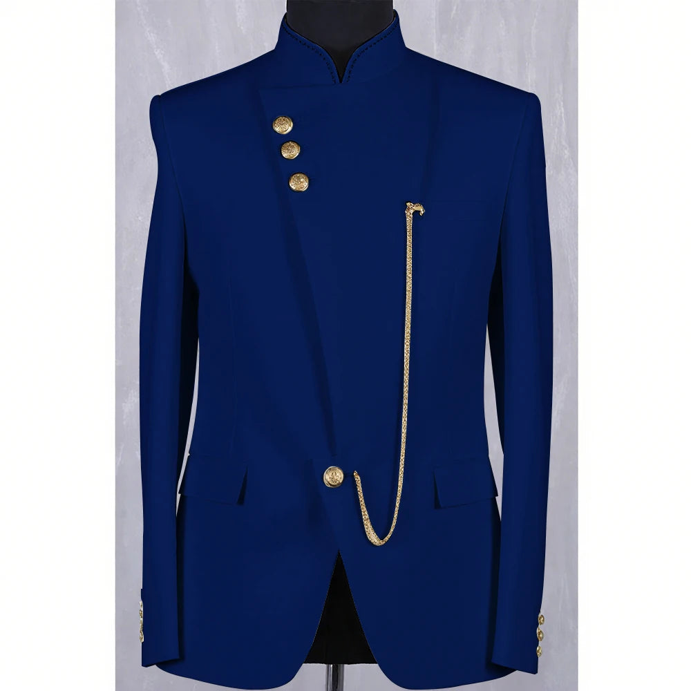 High Quality Blue Men Suit Casusl Blazer Single Breasted Stand Collar African Slim Fit Modern Style Outfits Jacket Pants
