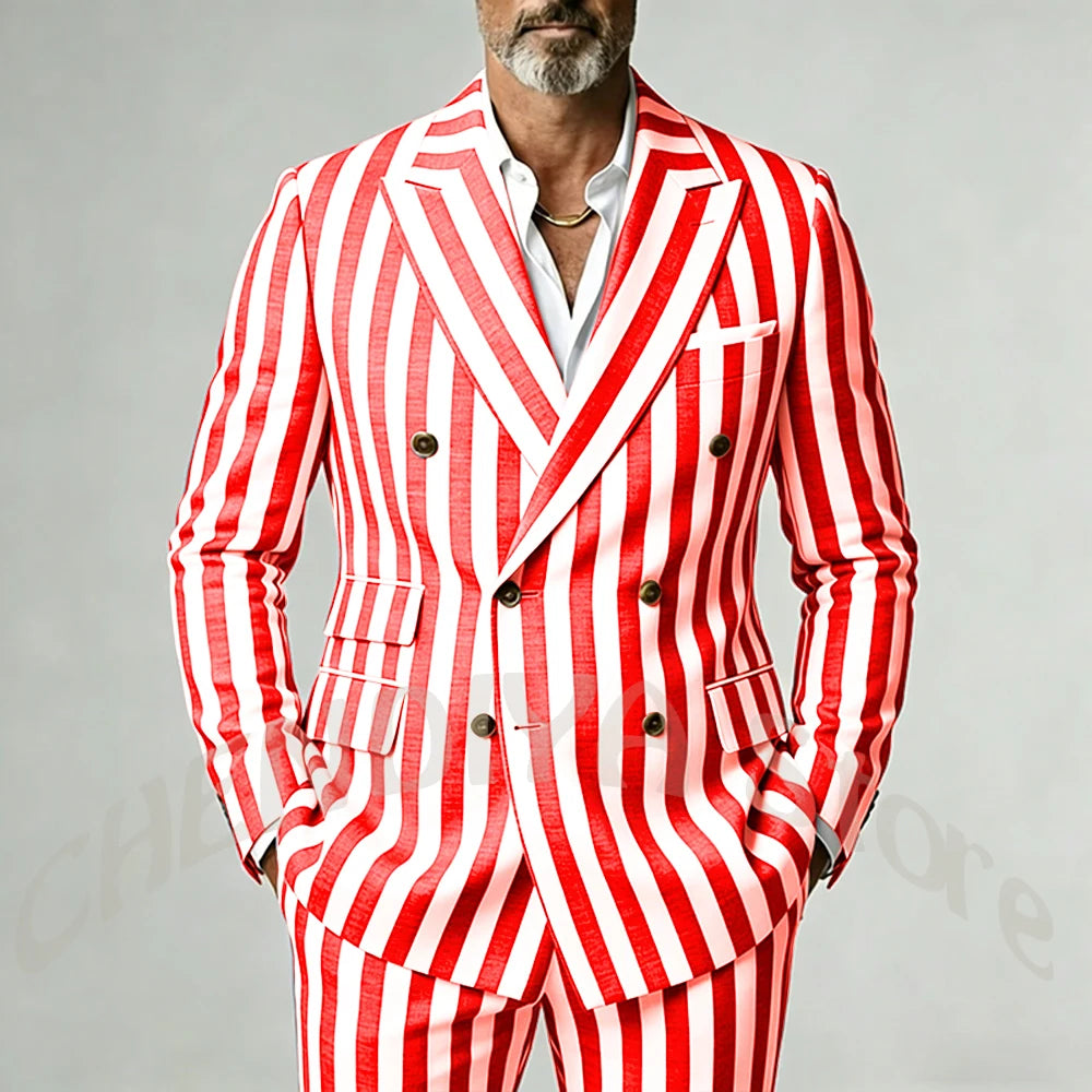 Casual Wide Striped Men's Suit Double Breasted Peaked Lapel Tailored Costume Homme Smart Business Office Daily Party Outfit