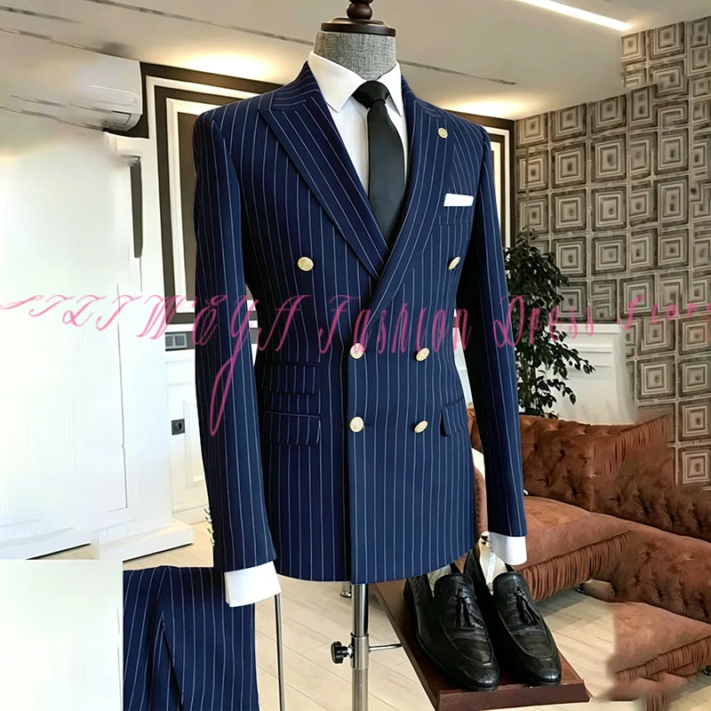 2025 Men's High-End Boutique Suit Stripe Trousers Set Wedding Party Fashion Business Casual Trendy Two-Piece Ensemble