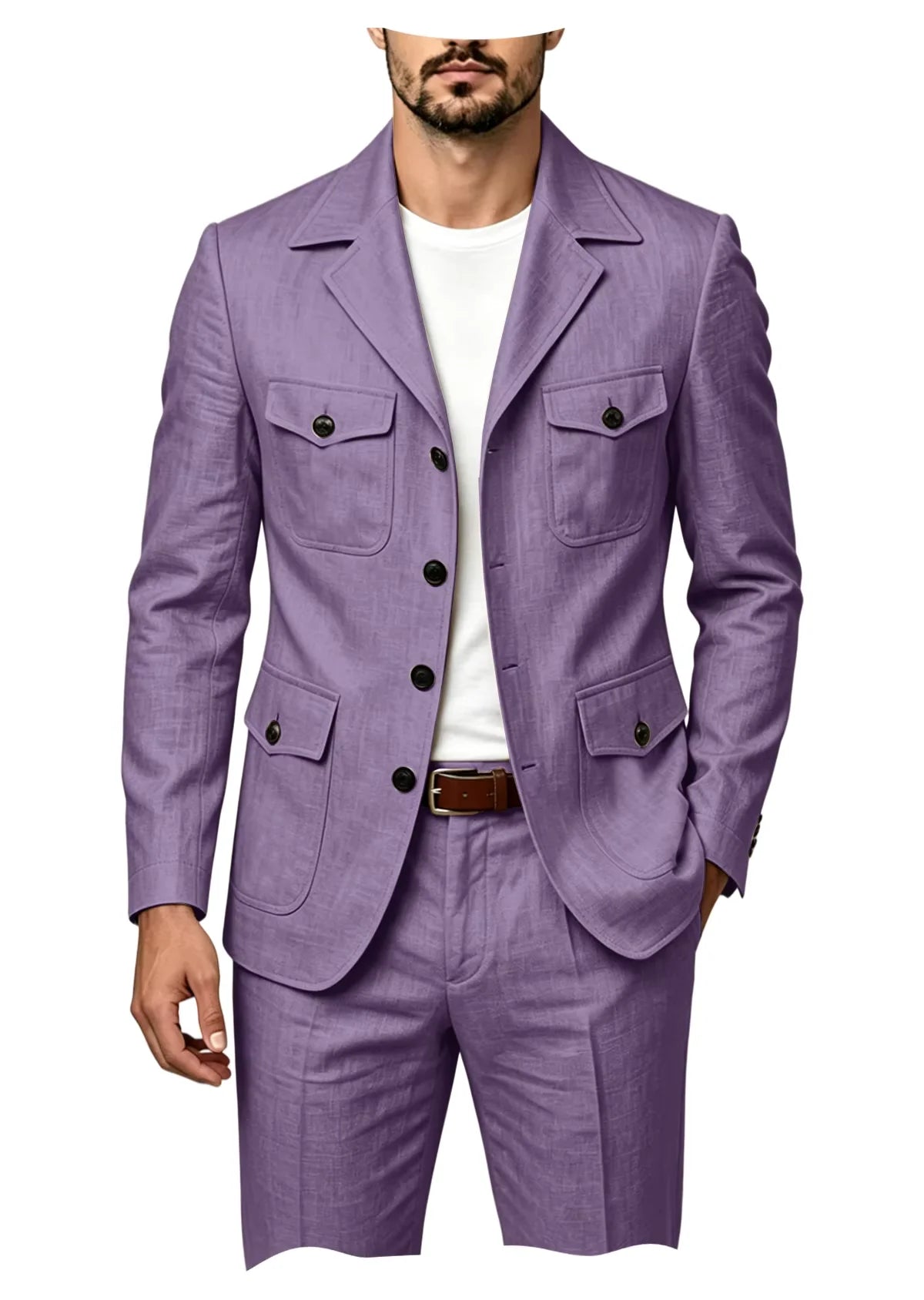 Men's Grey Linen Blend Suit 2 Piece Multi Pocket Peak Lapel Blazer pants Set Lightweight formal Suit for Summer Business Casual