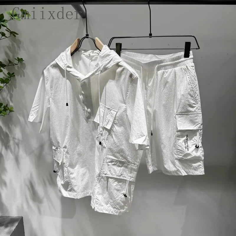 Summer New Hooded Short-sleeved Sweatshirt Single Piece/suit Men Workwear Cargo Shorts High Street Sportswear Unisex Tracksuit
