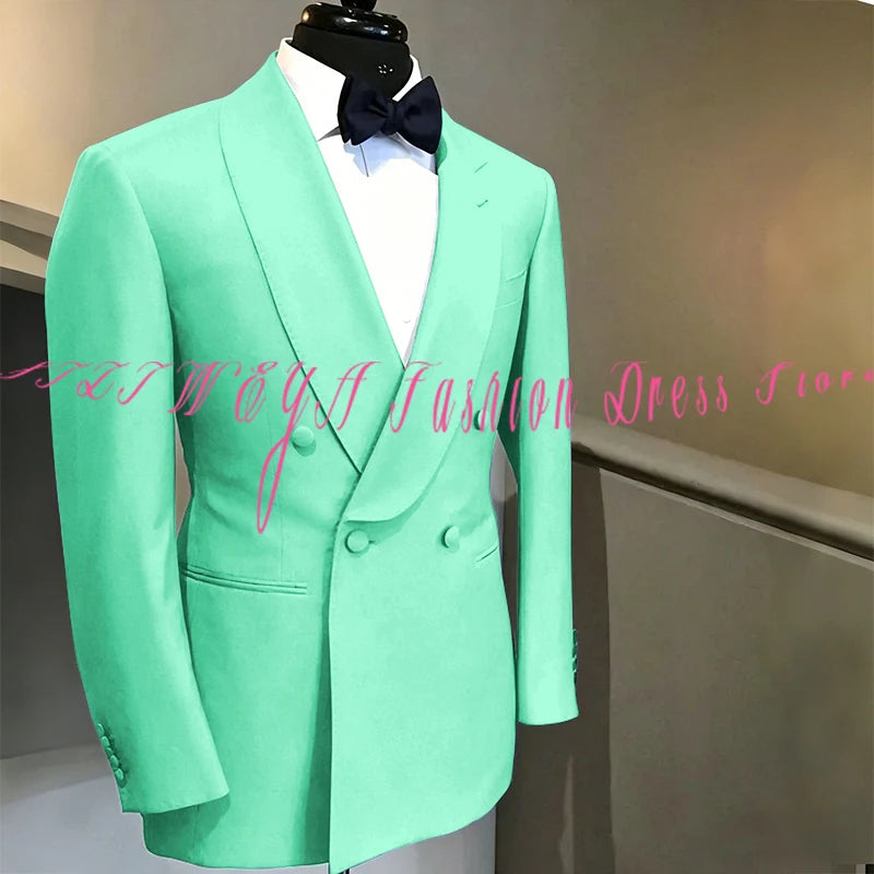 Blue Double Breasted Men's Suit Wedding Groom Tuxedo High Quality Boutique Male Clothing Jacket+Pants