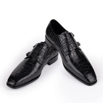 Chaussures pour hommes décontractées Black Slip-On Cow Hide Pointed Toe Snake Imprimée Businet Formal Office Double boucle moine Pure Handmade