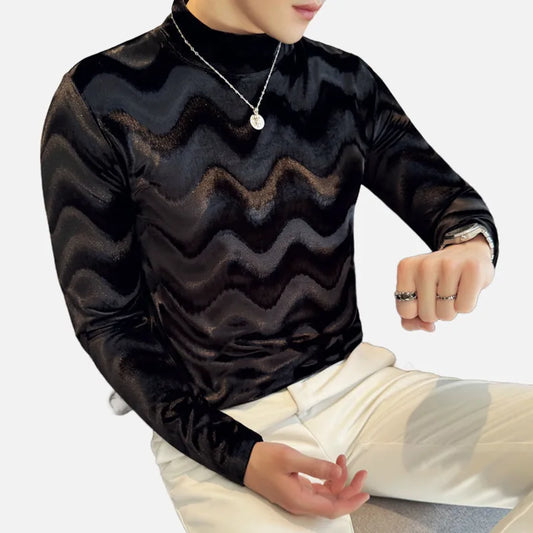 PFHQ Wave Patterned Pleuche Long Sleeved Men's T-shirt Slim Niche Design Mock Neck Solid Color Slim Male Clothing 2025 21Z9024