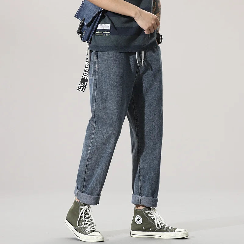 Jeans Men Autum Summer Baggy Thin Street Ruffian Handsome Loose Pants Straight Drop Vintage Denim Distressed  Blue Elastic Waist