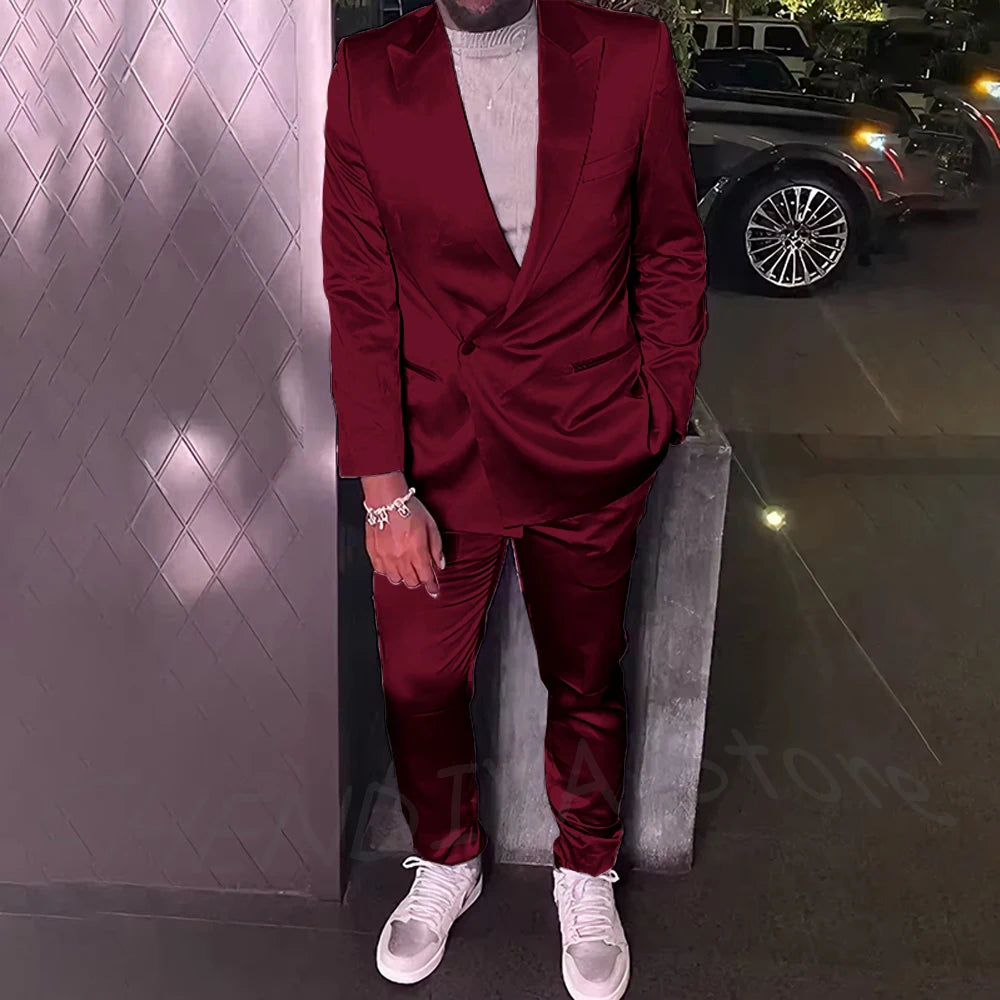 Silver Satin Men Suits 2 Piece Chic Peak Lapel Casual Daily Suit Single Button Formal Evening Party Tuxedo (Blazer+Pants)