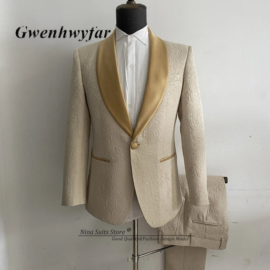 Gwenhwyfar Mens Mariding Costumes 2024 Italien Design Made Made Champagne Jacqaurd Tuxedo Jacket Pantal