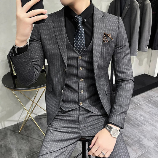 High quality 5XL  (Blazer + vest + trousers) men's British style elegant fashion simple business casual suit three-piece suit