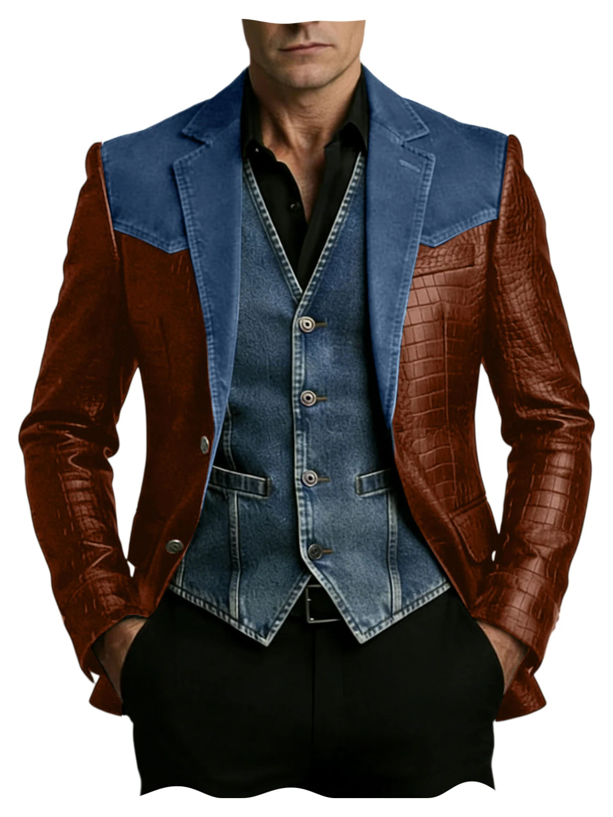 Men's Blazer Luxury Crocodile Embossed Leather Patchwork Denim Suit Jacket Notched Lapel Western Cowboy Party Casual Streetwear