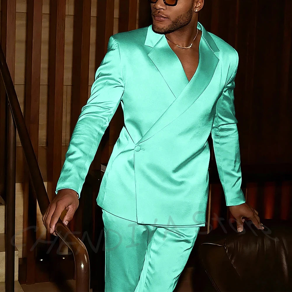 Fashion Notch Lapel Satin Men Suit High Quality Single Button Slim Fitted Outfit Jacket Pants Model Show Party Prom Male Set