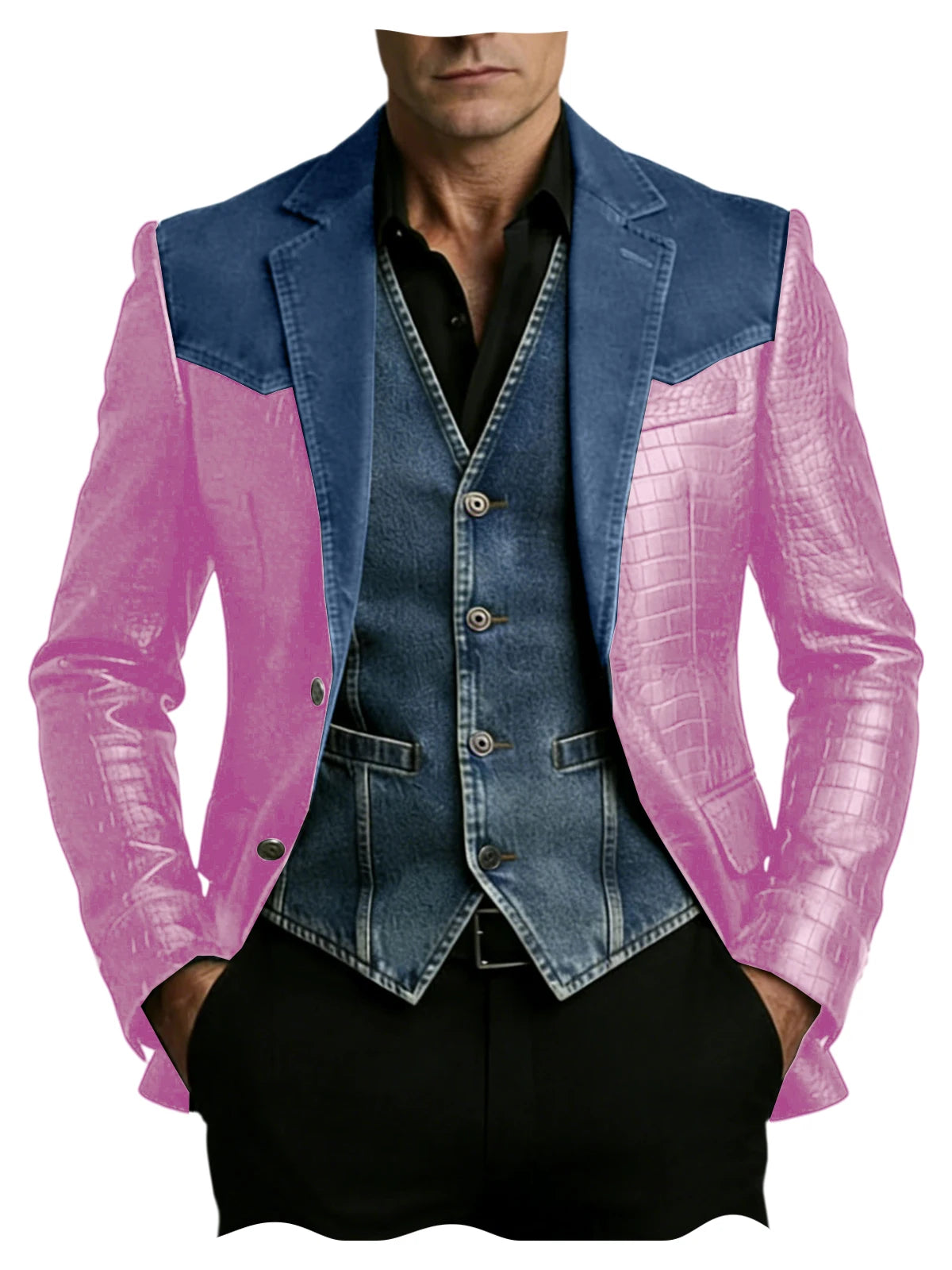 Men's Blazer Luxury Crocodile Embossed Leather Patchwork Denim Suit Jacket Notched Lapel Western Cowboy Party Casual Streetwear