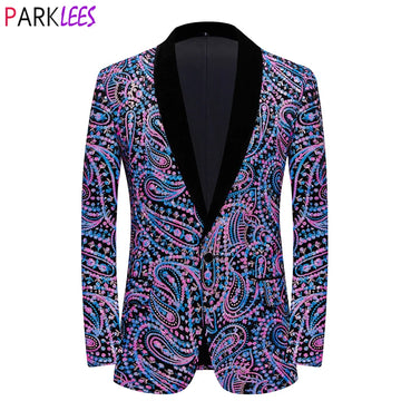 Luxe paisley floral coloré paillettes velours veste veste hommes châle collier un bouton robe Blazers met de mariage smoking smoking