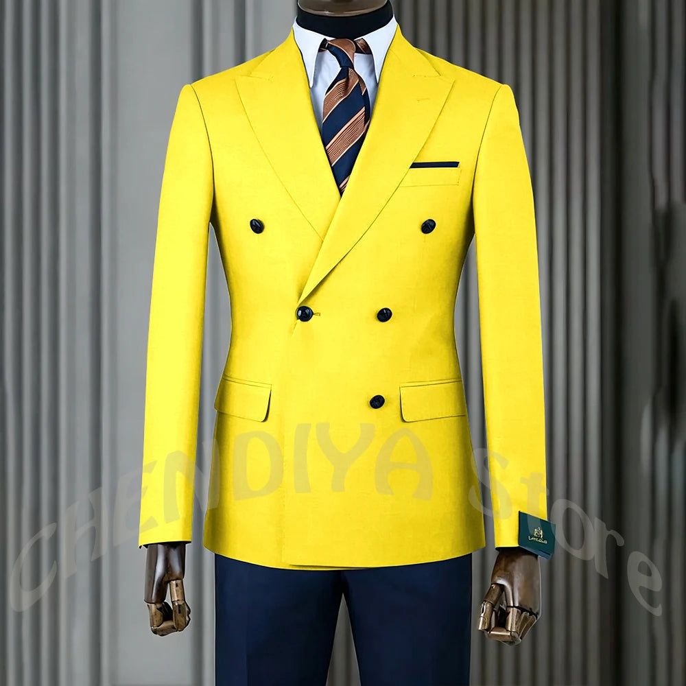 Stylish Men Suits Contrast Color Formal Blazer Male Clothing Double Breasted Business Casual Party Prom Jacket Pants Navy Blue