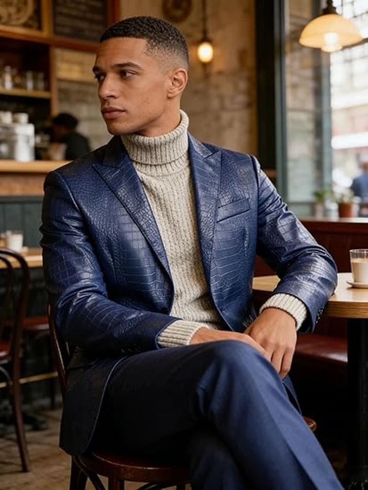 Men Elegant Brown Crocodile PU Leather Blazer Shawl Lapel Long Sleeve Pocket With Belt Business Casual Male Fashion Suit Jacket