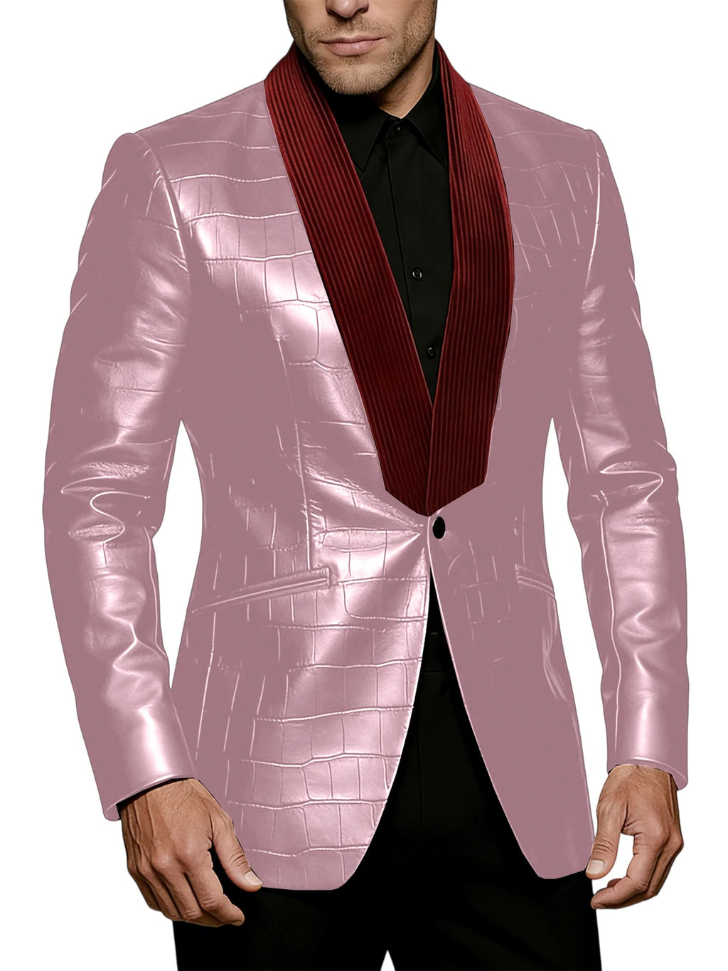 Men's Crocodile Pattern Leather Blazer Corduroy Patchwork 1 Button Shawl Collar Suit Jacket Slim Fit Business Formal Outerwear
