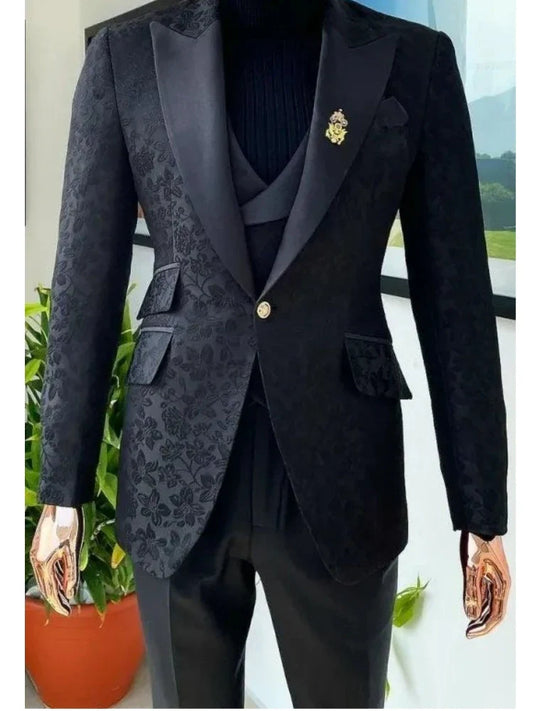 Luxury Bespoke Black Floral Men Suits 3 Pieces  Tuxedo Texture Style Suits Wedding Party Suits Formal Fashion Man Wear